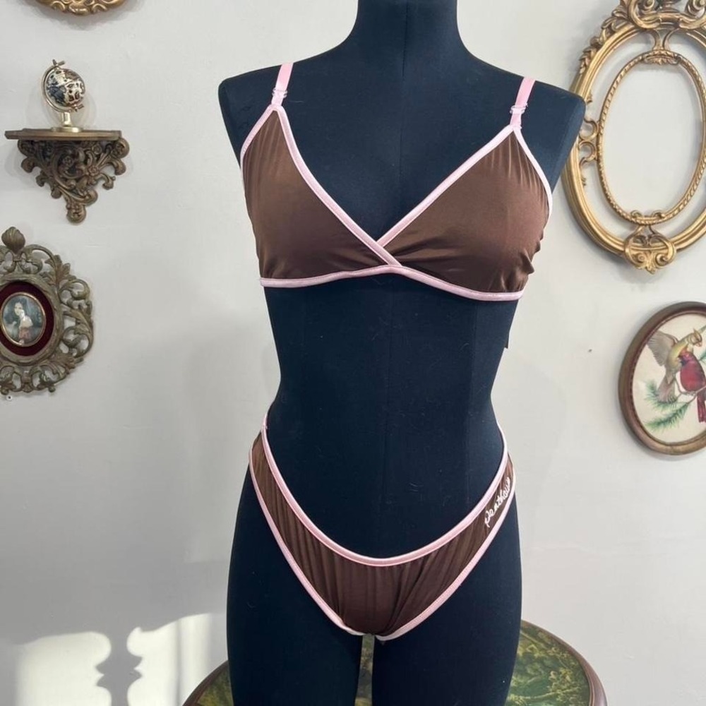 Vintage Y2K Penthouse by Coquette Brown & Pink Microfiber Bikini Lingerie Size L